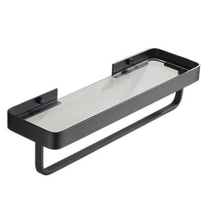 15.7" Bathroom Wall Shelf, Black Shower Caddy Shelves with Tempered Glass, Bathroom Shelves Wall Mounted with Towal Bar, Rectangle Glass Shelf for Shower Organization and Storage (1 Tier)