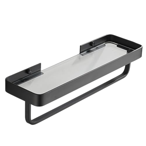 15.7" Bathroom Wall Shelf, Black Shower Caddy Shelves with Tempered Glass, Bathroom Shelves Wall Mounted with Towal Bar, Rectangle Glass Shelf for Shower Organization and Storage (1 Tier)