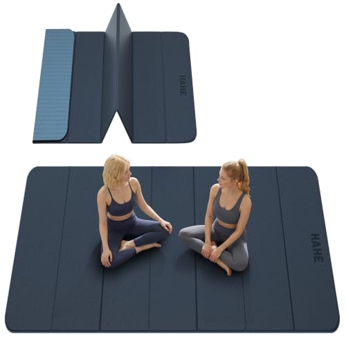 HAHE Extra Wide Folding Exercise Mat 75"x40"x0.4" TPE Fitness Mat | High Density Foldable Yoga Mat, Non-Slip Yoga Mat for Home Gym, Strength Training, Travel, 7-Fold Portable for Women, Men - color: Gray & Haze Blue