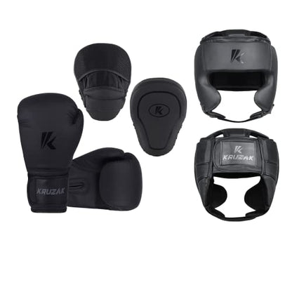 Kruzak Unisex Matte Black Boxing Gloves, Focus Mitts and Head Gear Set for Kickboxing and Muay Thai MMA Training | Fitness Kit for Martial Arts and Karate - size: S/M - Headgear