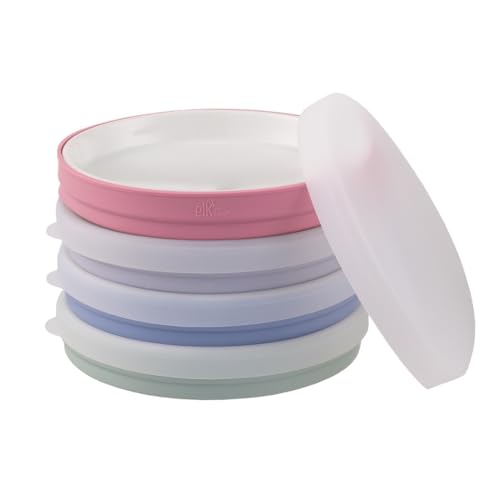 Elk and Friends Kids 7.8” Porcelain White Plates with Silicone Sleeves + Lids | Suitable for Babies/Toddlers | Microwave & Dishwasher Safe | Non Slip Dinnerware | Snack Dishes | 4 Pack - color: Sage/Plum/Lilac/MistyBlue, size: 7.8" Non Divided (Non-Suctio