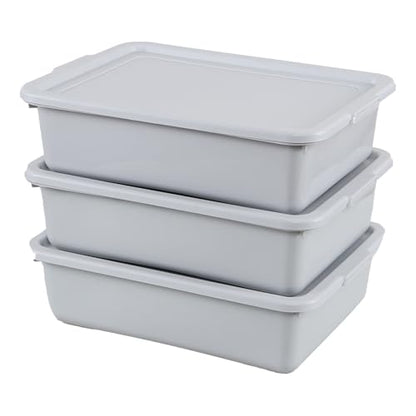 13 Liter Plastic Bus Tubs with Lids, Commercial Tote Box Set of 3, Grey