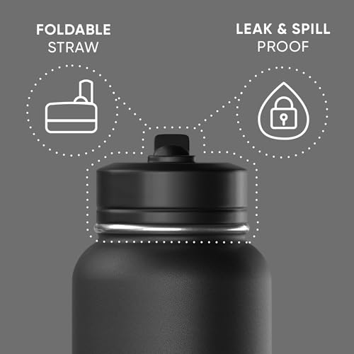 Hydrapeak 32oz Sport Insulated Water Bottle with Straw Lid, Leak & Spill Proof, Keeps Drinks Cold for 24 Hours, Hot for 12 Hours, Premium Stainless Steel Water Bottles (32oz, Black) - color: Black