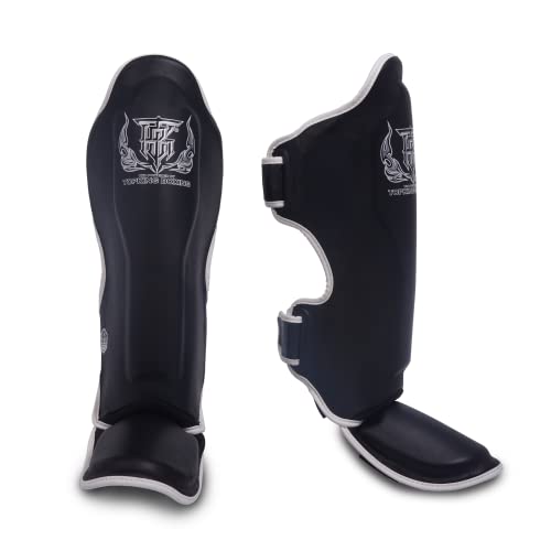 Top King New Pro Leather Shin Guards for Muay Thai - color: Black/White, size: Small
