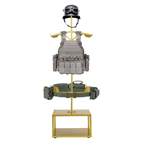 Tactical Gear Stand, Heavy Duty Steel Tactical Vest Stand Adjustable Military Gear Holder Free-Standing Helmet Vest Belt Organizer Rack Police Gear Holder for Indoor Home Garage - color: Gold