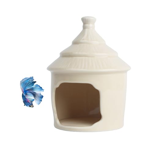 Saim Cute Aquarium Decorations Ceramic Palace Little Grass Hut Shaped Toad House, Betta Fish Tank Accessory Decor Ornament Hideout Pleco Cave for Fish Playing or Hiding (Beige) - color: Beige