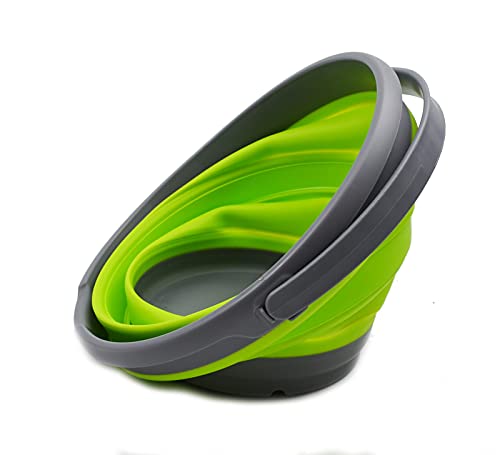 SAMMART 10L (2.6 Gallon) Collapsible Plastic Bucket - Foldable Round Tub - Portable Fishing Water Pail - Space Saving Outdoor Waterpot, Size 33cm Dia (Dark Grey/Fluorescent Green (Set of 2))