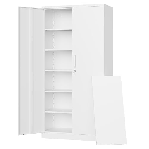 Metal Storage Cabinets with Lock Door,Steel Locker Garage Cabinets 5 Adjustable Shelves for Home,Office, Warehouse(White) - color: White, size: 71 X 32 X 16 In(H X W X D)