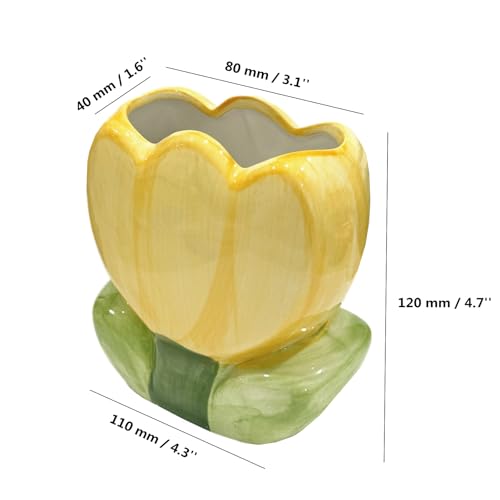 TANG SONG Ceramic Tulip Make up Brush Holder Flower Cosmetic Storage Box Pen and Pencil Holder Desktop Organizers (Yellow)