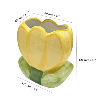 TANG SONG Ceramic Tulip Make up Brush Holder Flower Cosmetic Storage Box Pen and Pencil Holder Desktop Organizers (Yellow)