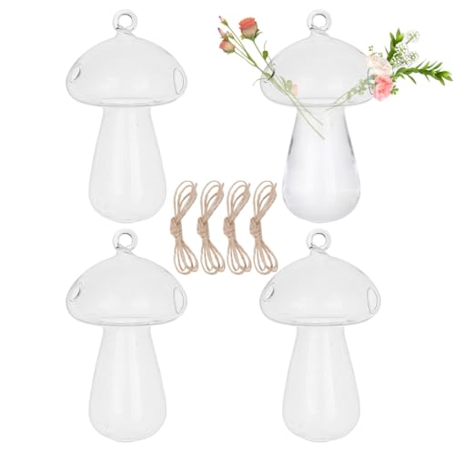 4pcs Glass Hanging Planter Air Fern Holder Hanging Hydroponic Vases with Jute Rope Terrarium Plants Hanger Vase Succulent Planter Terrariums for Moss Air Plants Christmas Decor (Mushroom) - color: Mushroom