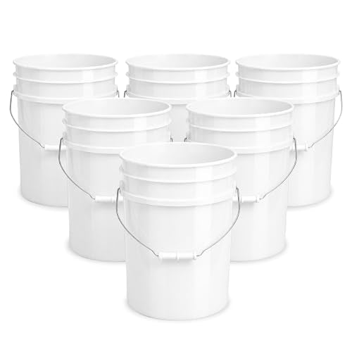 5 Gallon Bucket - Food Grade Bucket, Metal Handle Grip, BPA-Free, Heavy-Duty 90 Mil HDPE Plastic Pail, Stackable Utility Container, Made in USA, Lid Not Included, White, 6 Packs