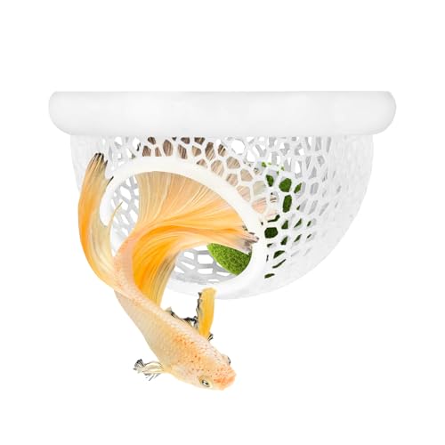 Aquarium Betta Fish Feeding Station, Floating Ring with Cave Hammock, Fish Hide Decoration, White