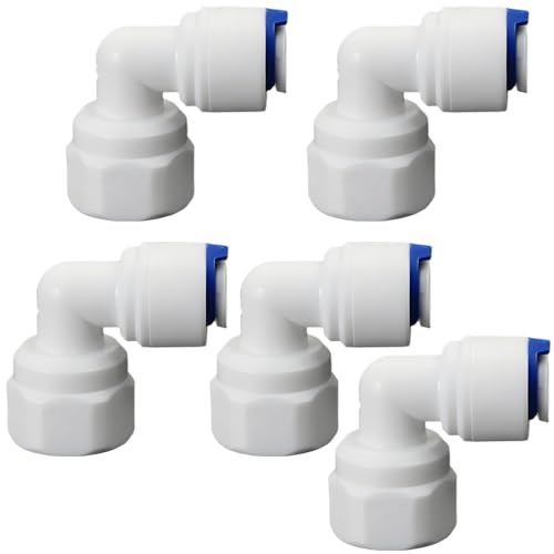 1/4"F to 1/4" Tube Elbow Push-Fit Adapter, 5 Pcs | Quick-connect adapter for RO reverse osmosis water filter systems, beverage dispensers & water purifiers.