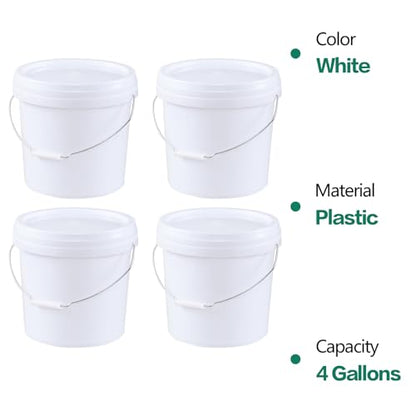 4-Gallon White Bucket Pail Container with AirTight Lid, Food Grade All Purpose Bucket with Metal Handle, BPA Free, 4 Packs