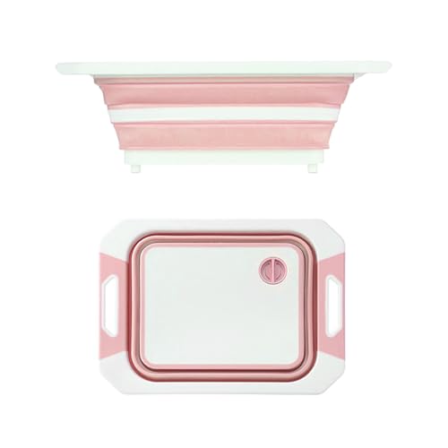Camping Collapsible Cutting Board Dish Basin BBQ Prep Tub Camp Sink Dish Washing Station Multifunctional Storage Basket(Pink white) - color: Pink White