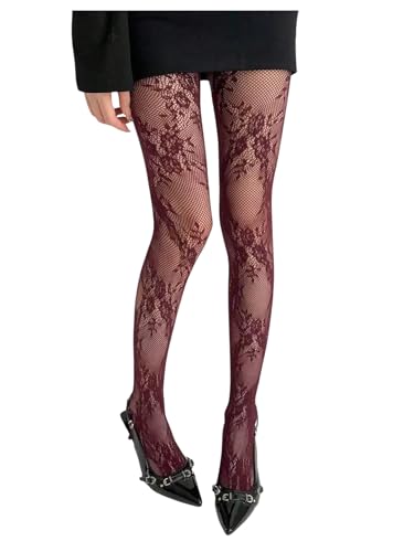 Women's Floral Lace Fishnet Tights Kawaii Y2K See Through Stockings Leggings - color: Burgundy, size: Medium