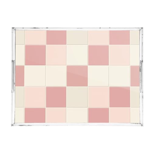 Acrylic Tray Clear Serving Vanity Ottoman Bathroom Coffee Table Countertop Organizer Raised Edge Spill Proof Pink Beige Check Pattern - color: Pink Beige Check Pattern