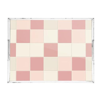 Acrylic Tray Clear Serving Vanity Ottoman Bathroom Coffee Table Countertop Organizer Raised Edge Spill Proof Pink Beige Check Pattern - color: Pink Beige Check Pattern