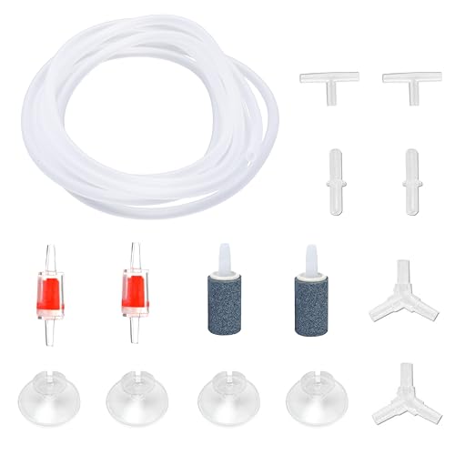 Aquarium Air Pump Accessories - 7 Feet Airline Tubing Standard with Grey Air Stone Cylinders, Check Valves, Suction Cups and Connectors for Nano Air Pumps Small Buckets and Fish Tank