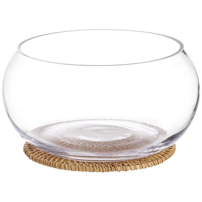 Lotus Bowl Planter with Rattan Mat, 10 in Clear Glass Hydroponic Bowl, Indoor Aquatic Plant Terrarium for Lotus and Water Greens, Transparent Decorative Lotus Pot, Fish Tank