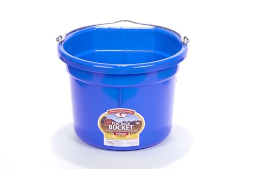 Little Giant® Flat Back Plastic Animal Feed Bucket | Animal Water and Feed Bucket with Metal Handle | 8 Quarts | Blue - color: Blue