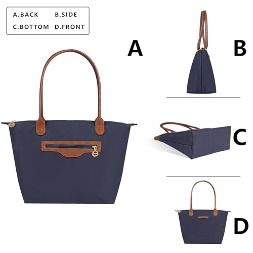 Waterproof Nylon Tote bag for Women Lightweight Designer Handbag with Zipper Stylish and Durable Purse - color: Navy, size: Medium