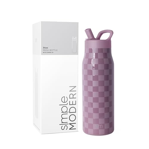 Simple Modern Insulated Water Bottle with Manual Straw | 34oz | Checkered - color: Lavender Checkmate, style: 34oz