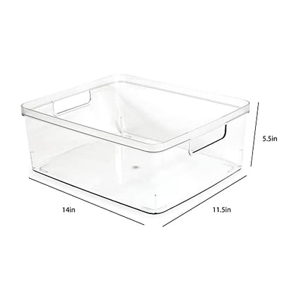Isaac Jacobs 2-Pack Large Clear Storage Bins (11.5” L x 14” W x 5.5” H) w/Cutout Handles, Plastic Organizer for Home, Office, Kitchen, Fridge/Freezer, Bathroom, BPA Free, Food Safe (Large)