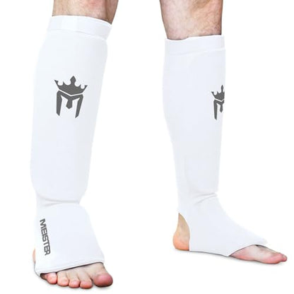Meister MMA Elastic Cloth Shin & Instep Padded Guards (Pair) - color: White, size: Large-X-Large