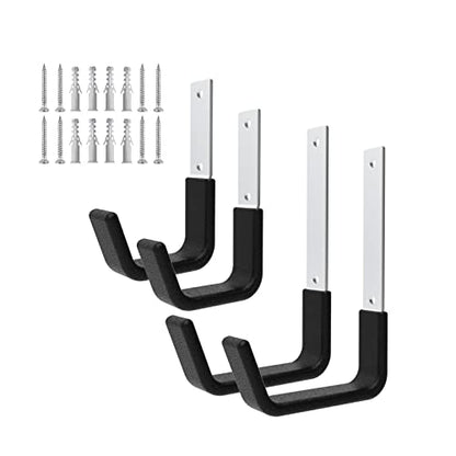 Heavy Duty Garage Utility Hooks, Wall Mount Ladder Hangers, 2S 2M | Large J-shaped hangers for bicycles, hoses and tools; zinc-coated steel, PVC padding, 50 lb capacity, indoor/outdoor use. - size: 2 Small & 2 Medium
