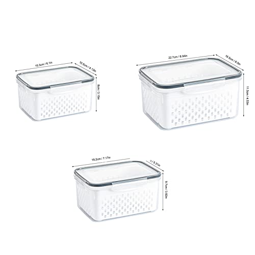 3 Pcs Drain Storage Basket Box with Removable Colander, 850ml/1750ml/3300ml Transparent Leakproof Food Storage Containers for Fruit,Vegetable, Salad, Meat, Fish