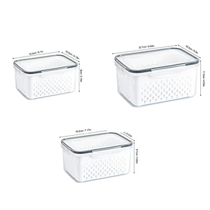 3 Pcs Drain Storage Basket Box with Removable Colander, 850ml/1750ml/3300ml Transparent Leakproof Food Storage Containers for Fruit,Vegetable, Salad, Meat, Fish