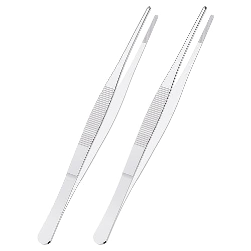2 PCS 8 Inch Stainless Steel Tweezers, with Straight Round Blunt Serrated Tip, 0.07 Inch Thickness Stainless Steel, Multipurpose Daily Garden Home Lab Craft Repairing Tool