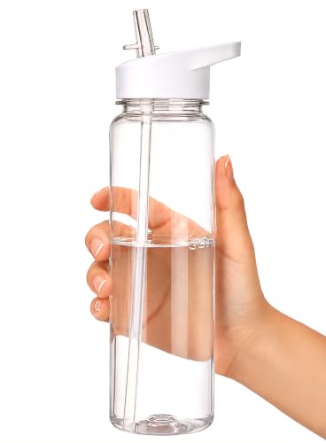 Tritan Clear Water Bottle With Straw | No Markings BPA Free 24 oz Sports Water Bottle | Leak Proof Re-Usable Flip Top Plastic Drinks Bottles for School, Office, Gym, Cycling (Clear-Straw-24oz) - color: Clear-Straw-24oz