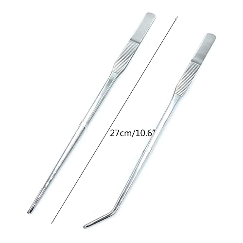 2PCS Aquarium Tweezers Stainless Steel Straight and Curved Tweezers Set Long Handle Reptile Feeding Tongs for Aquatic Plants Lizards Spider Snakes Garden Repairing - 10.6inch, Silver