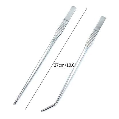 2PCS Aquarium Tweezers Stainless Steel Straight and Curved Tweezers Set Long Handle Reptile Feeding Tongs for Aquatic Plants Lizards Spider Snakes Garden Repairing - 10.6inch, Silver