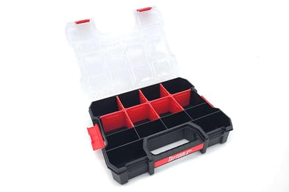 Taytools 14 Compartment Medium Parts Organizer Box - Dual Latch Portable Tool Box with Removeable Dividers for Storing Hardware, Screws, Bolts, Nails, Beads or Jewely
