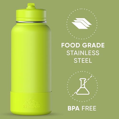 Hydrapeak 32oz Sport Insulated Water Bottle with Straw Lid, Leak & Spill Proof, Keeps Drinks Cold for 24 Hours, Hot for 12 Hours, Premium Stainless Steel Water Bottles (32oz, Neon Green) - color: Neon Green