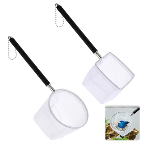 2 Pcs Aquarium Net, Stainless Steel Fish Nets for Aquarium Tiny Fish Tank Net with Extendable Stainless Steel Handle Round Aquarium Fine Mesh for Shrimp Baby Fish Food Residue Debris Skimming