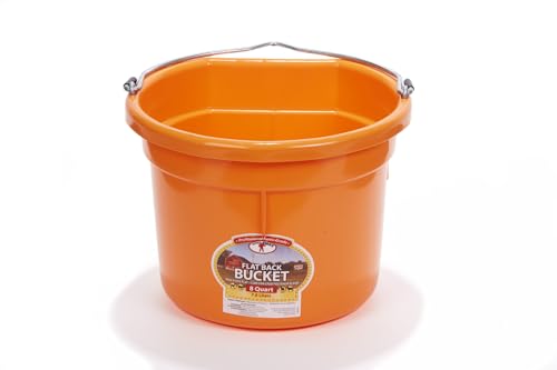 Little Giant® Flat Back Plastic Animal Feed Bucket | Animal Water and Feed Bucket with Metal Handle | 8 Quarts | Orange - color: Orange