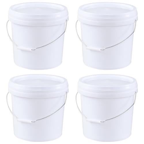 4-Gallon White Bucket Pail Container with AirTight Lid, Food Grade All Purpose Bucket with Metal Handle, BPA Free, 4 Packs