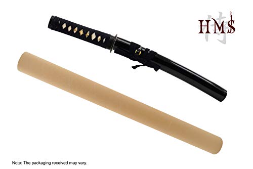 Hand Forged 1045 Carbon Steel Musashi Crest Tanto Full Tang Sword | functional edge for dojo practice, wavy temper, bo-hi groove, openwork guard, rayskin grip