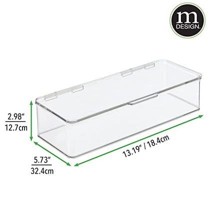 mDesign Office Supplies Desk Organizer Box with Lid for Staplers, Scissors, Pens, Sticky Notes, Highlighters, Tape - 3" Tall, Long, Clear - size: 5.75 x 13.4 x 3 (Pack of 1)