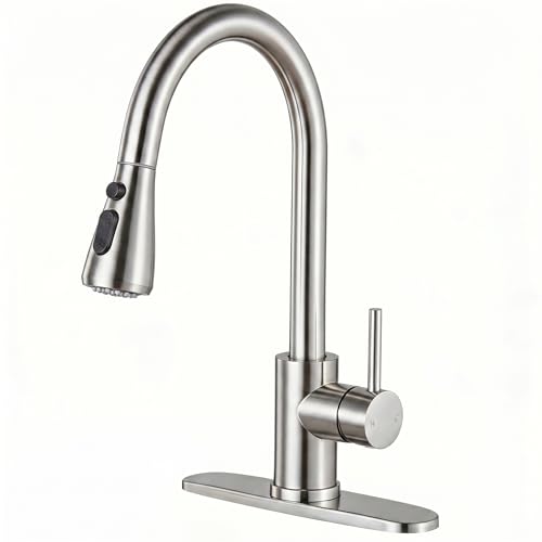 KINGO Kitchen Faucet, Brushed Nickel Kitchen Faucets with Pull Down Sprayer, High Arc Single Handle Stainless Steel Sink Faucets 1 or 3 Hole, Kitchen Sink Faucets for Farmhouse Camper Laundry Rv Bar - color: Brushed Nickel, style: Classic