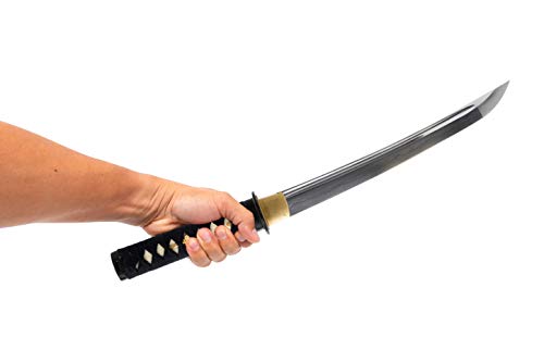 Hand Forged 1045 Carbon Steel Musashi Crest Tanto Full Tang Sword | functional edge for dojo practice, wavy temper, bo-hi groove, openwork guard, rayskin grip