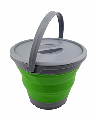 SAMMART 5.5L (1.4 Gallon) Collapsible Plastic Bucket with Lid - Foldable Round Tub with Lid - Portable Fishing Water Pail - Space Saving Outdoor Waterpot. (Grey/Bamboo Green)