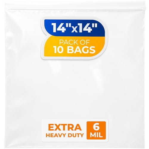 14" x 14" Reclosable Plastic Zip Bags, Pack of 10, 6 Mil Heavy-Duty Clear Poly Bags, Resealable for Food, Clothes, Hardware, Jewelry - size: 14"W x 14"H