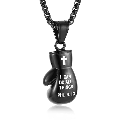 HZMAN Boxing Glove Bible Verse Pendant Stainless Steel Necklace - color: PHL4:13 Black