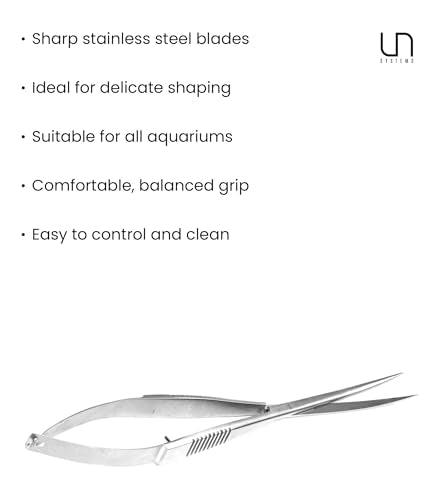 UNS Aquascaping Tools - Stainless Steel Rust Resistant, Freshwater Planted Tank, Saltwater Reef Aquarium Maintenance Accessory - Trimming Stems & Carpets Coral Cutting - Curved Spring Scissors, Silver